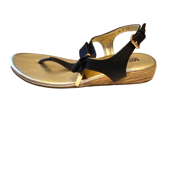 ♥︎ Michael KORS ♥︎ Perry Crysty ▪︎ Gold & Black Leather Bow Adjustable Sandals - Picture 2 of 9